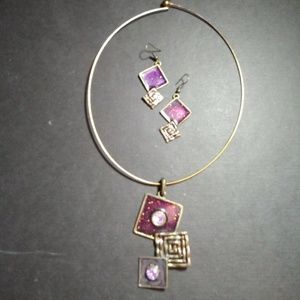 BRASS WITH AMETHYST COLORED PENDANT AND EARRINGS